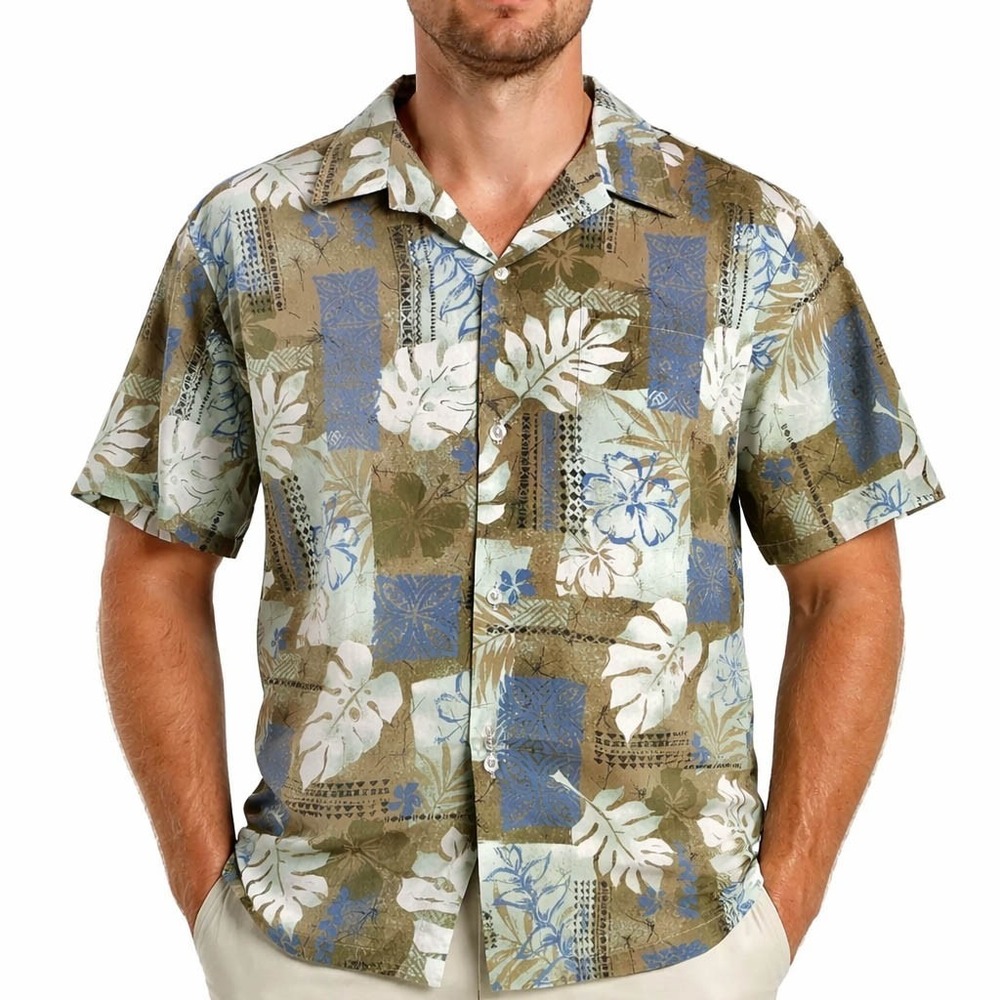 Howie Hawaiian Aloha Shirt XL Leaves Hibiscus Flowers Brown Green Blue White